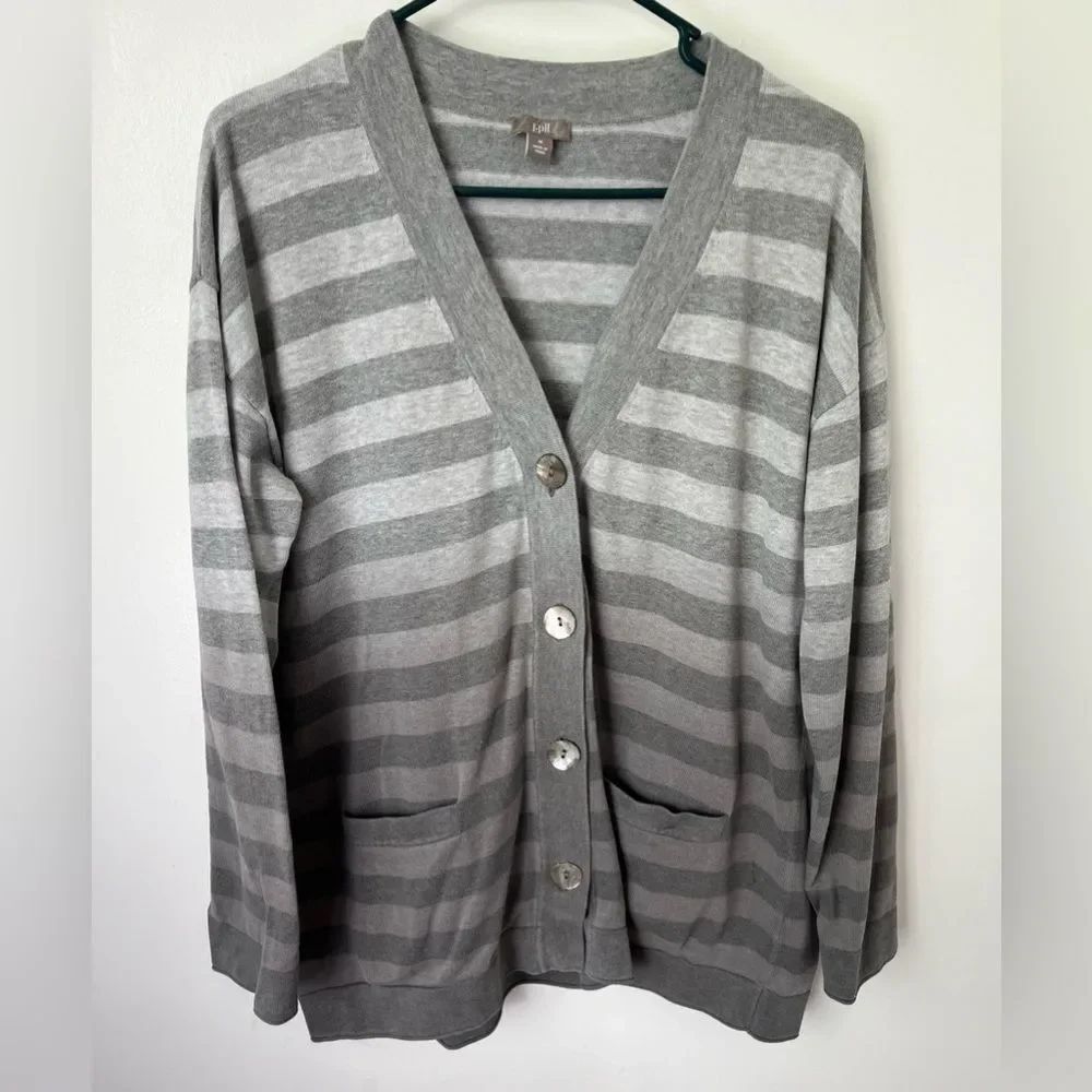 J Jill Cotton Cardigan Sweater Oversized Gray Ombre Striped Abalone Buttons Med